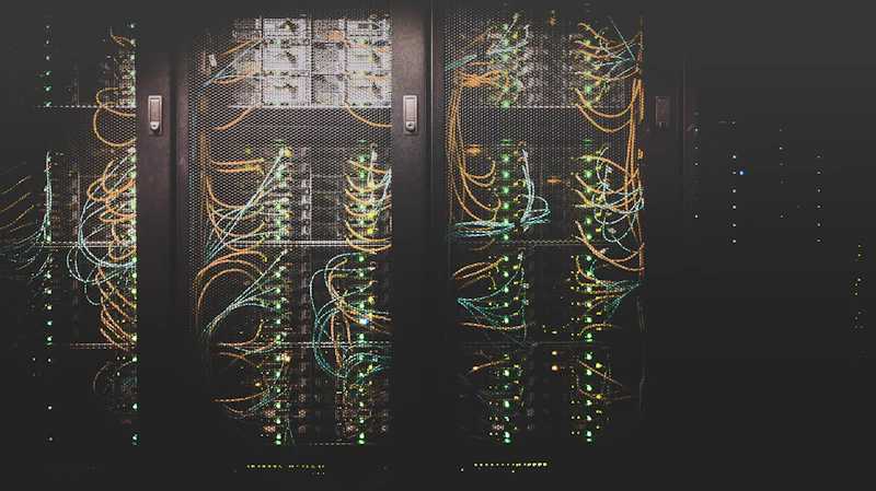 Racks de servidores iluminados em azul dentro de um data center